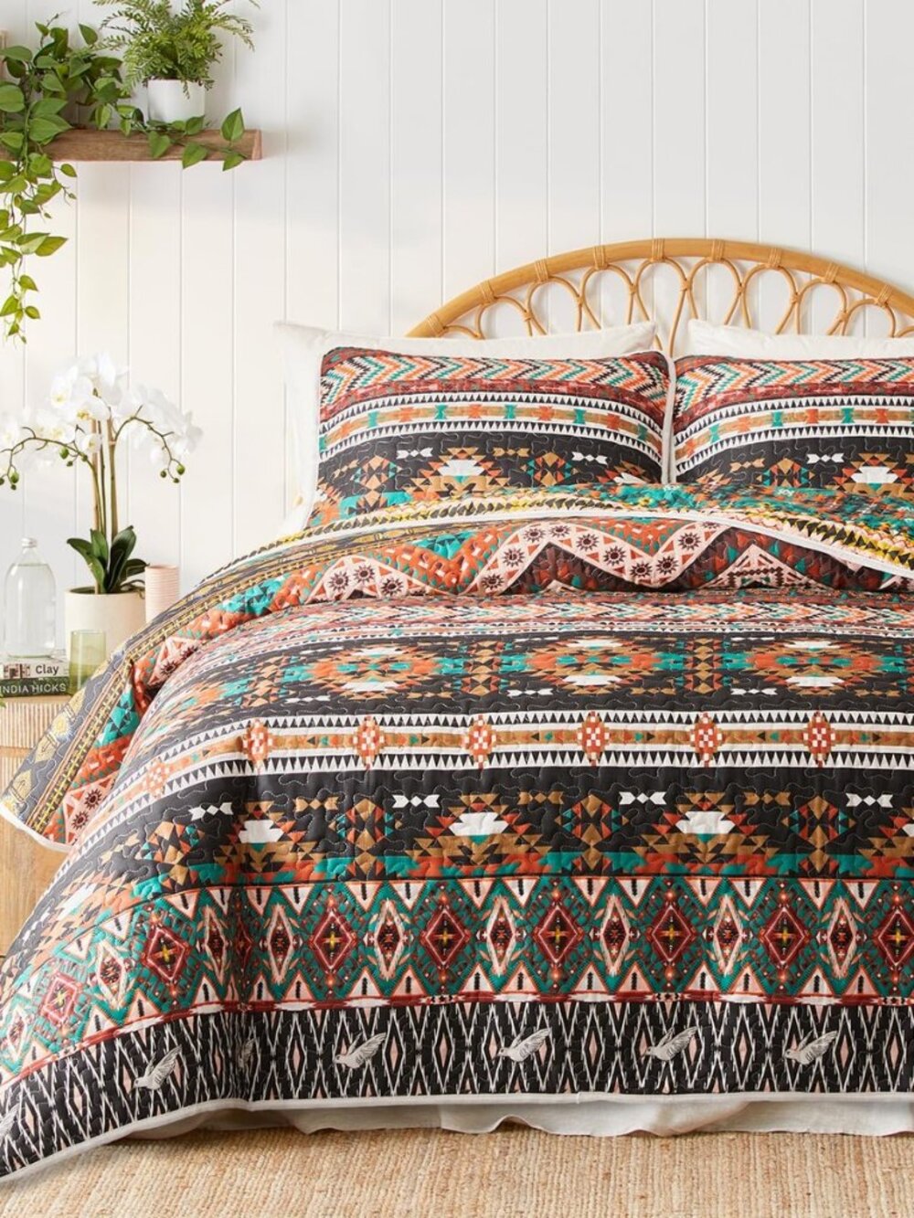 3 Pieces Colorful Bohemian Quilt Set King Size, Brown Boho Striped Printed
